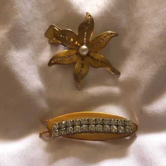 Two Vintage Clip On Hair Clips Rhinestone Pearl Flower Amazon.com : 5 Pcs double flower decorative jeweled  main image 2